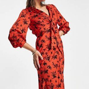 ASOS DESIGN satin tie front midi dress with button detail in red floral print